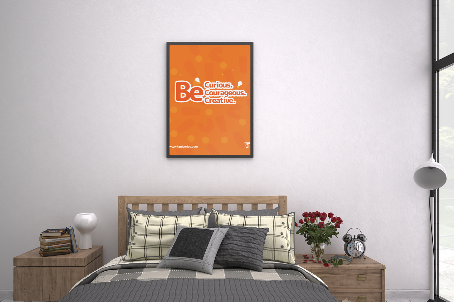 Be Curious, Courageous, Creative poster on a bedroom wall with a wooden bed, nightstands.