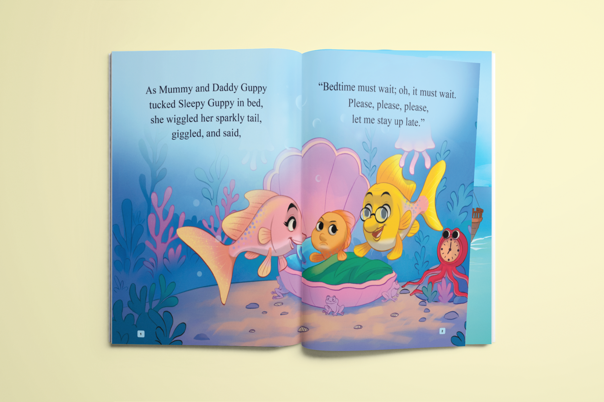 Sleepy Guppy Says Bedtime Must Wait, inside first page with underwater scene featuring cartoon fish family characters on a light blue background