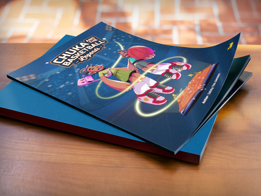 Book cover of 'Chuka and the Basketball Legends' with cartoon characters and basketball theme.
