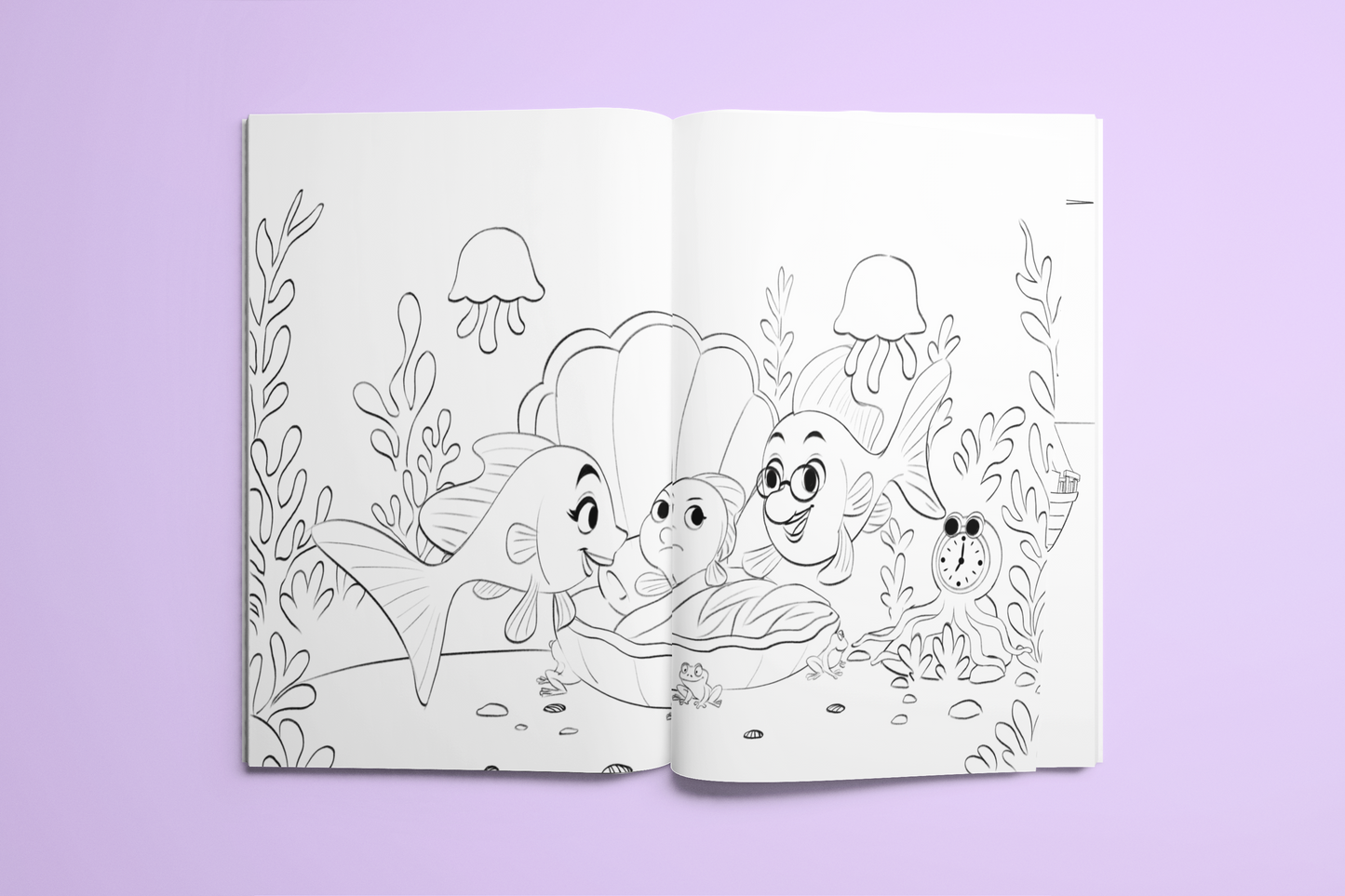 Colouring book section of Sleepy Guppy Says Bedtime Must Wait with cartoon characters on a purple background