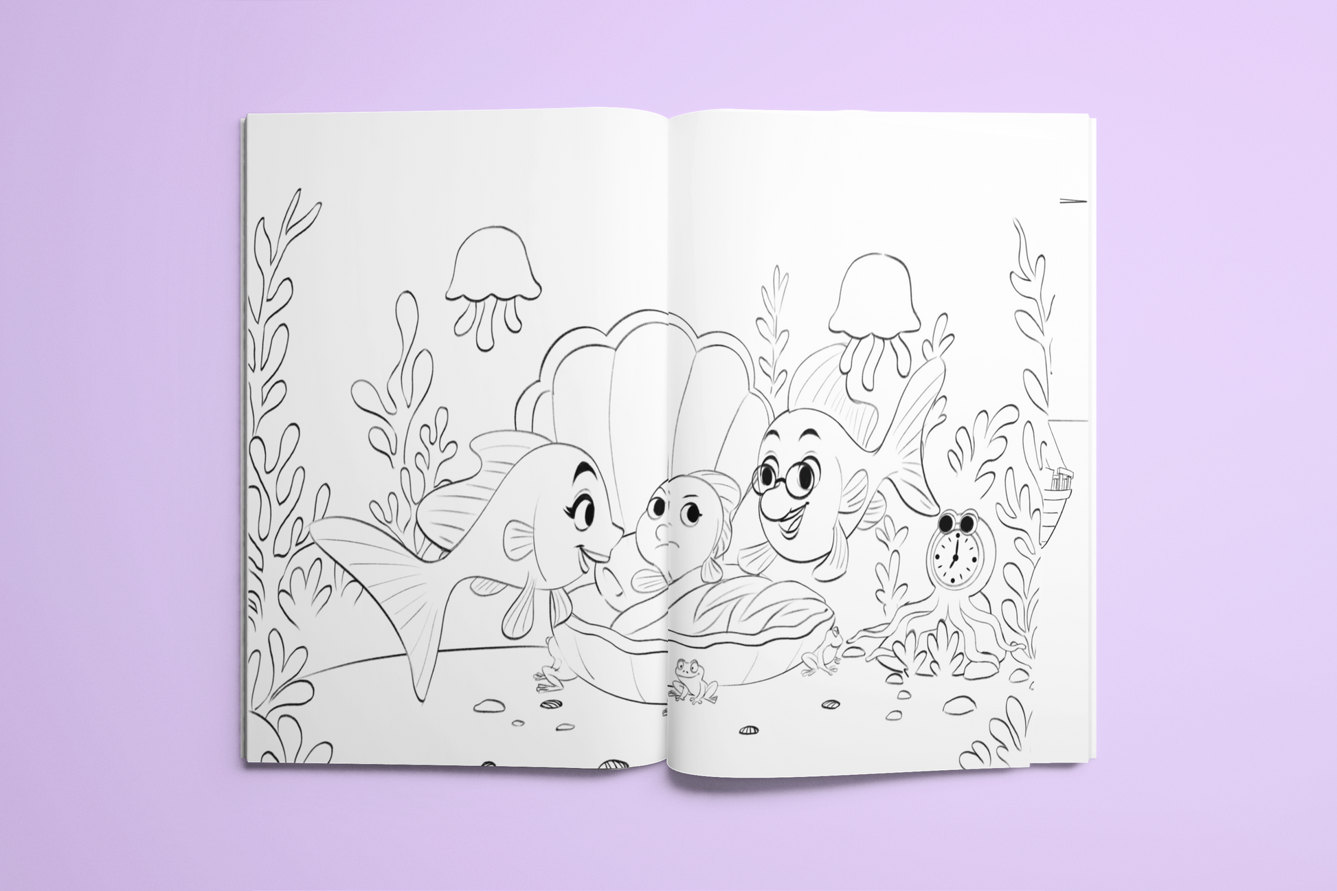 Colouring book section of Sleepy Guppy Says Bedtime Must Wait with cartoon characters on a purple background