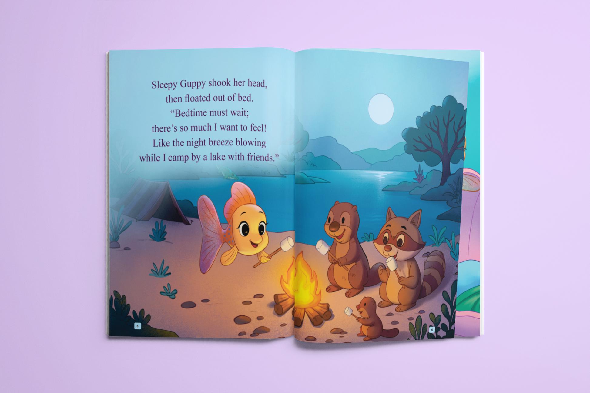 Imaginative adventure storybook, Sleepy Guppy Says Bedtime Must Wait, with illustrations of animals around a campfire at night.