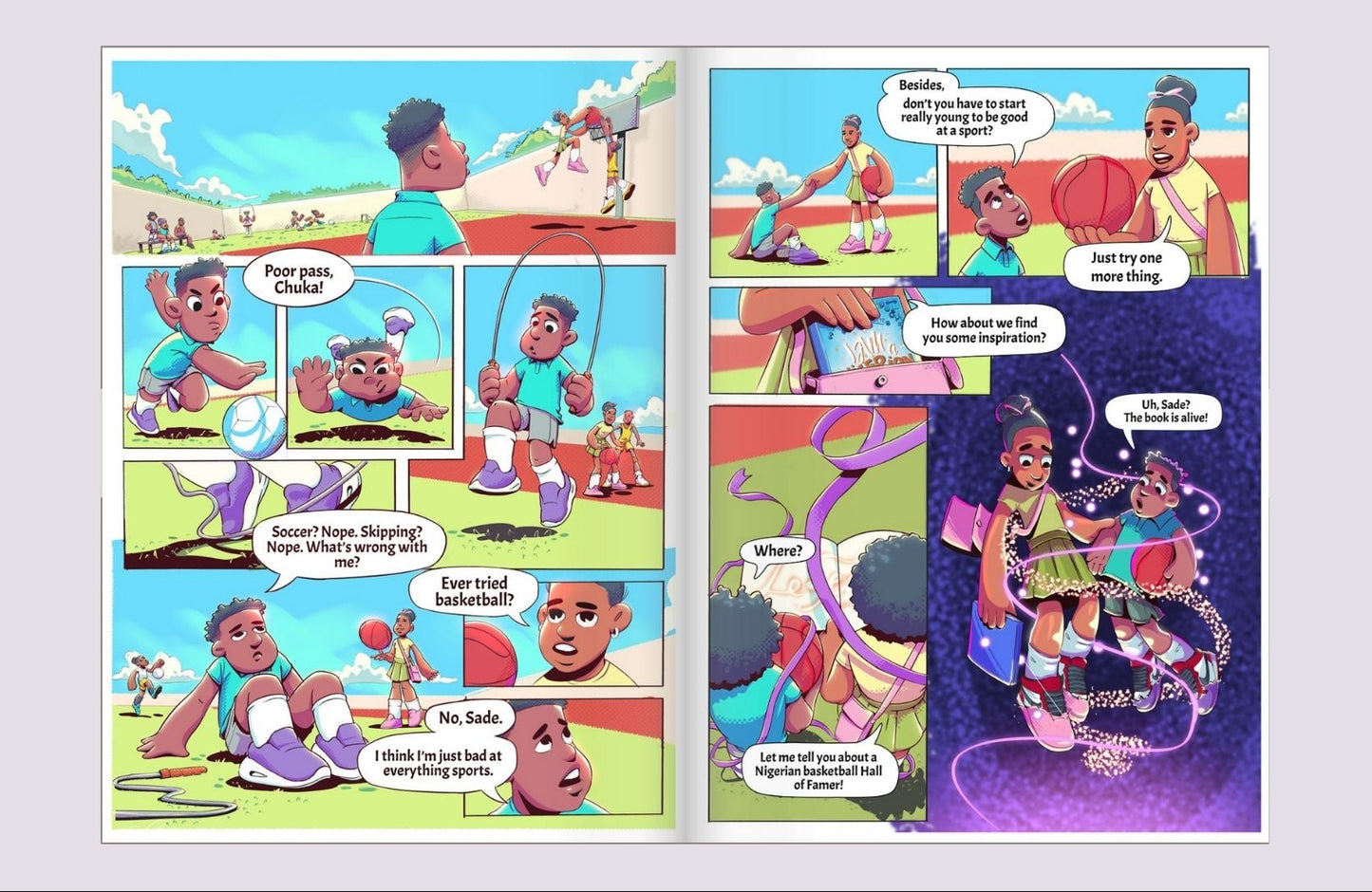 Chuka and the Basketball Legends Comic book page with colorful illustrations of children playing and interacting.