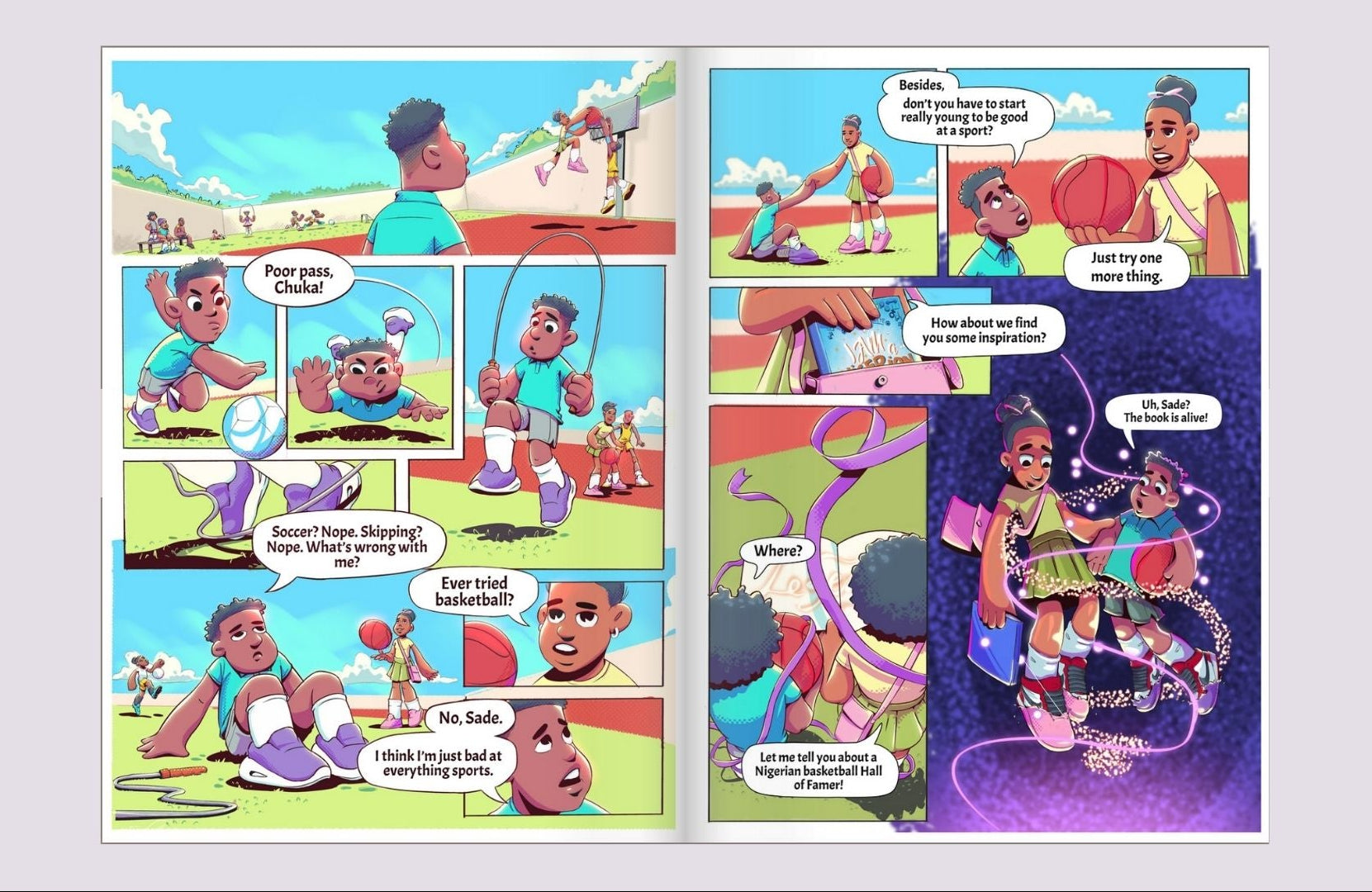 Chuka and the Basketball Legends Comic book page with colorful illustrations of children playing and interacting.